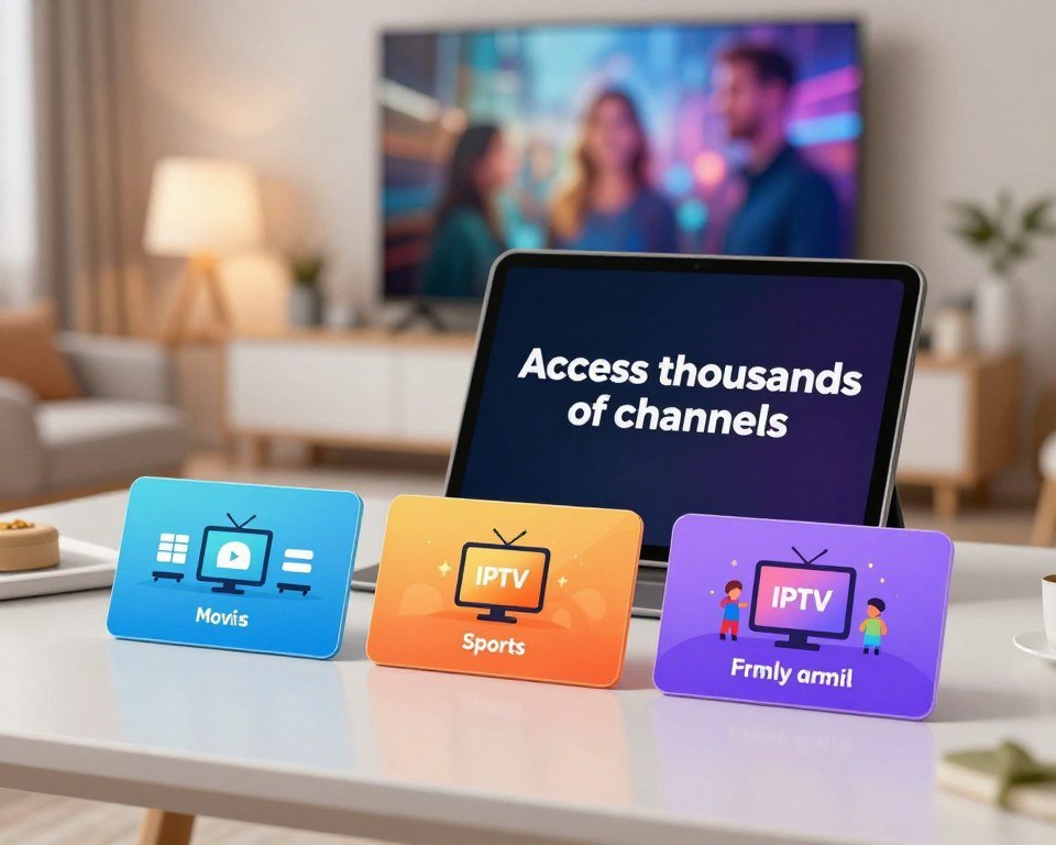 A visually engaging digital graphic showcasing various IPTV subscription offers tailored to diverse needs. In the foreground, display three sleek, modern subscription cards, each featuring distinct colors and an illustration of different TV icons, symbolizing movies, sports, and family channels. In the middle, arrange these cards on a clean, minimalist desk with a tablet reflecting the text "Access thousands of channels" on its screen. The background should be a cozy living room scene with a large flat-screen TV displaying vibrant imagery. Soft, warm lighting from a nearby lamp creates a welcoming atmosphere, while a subtle focus accentuates the subscription offers. The composition conveys a sense of excitement and convenience in exploring tailored IPTV packages.