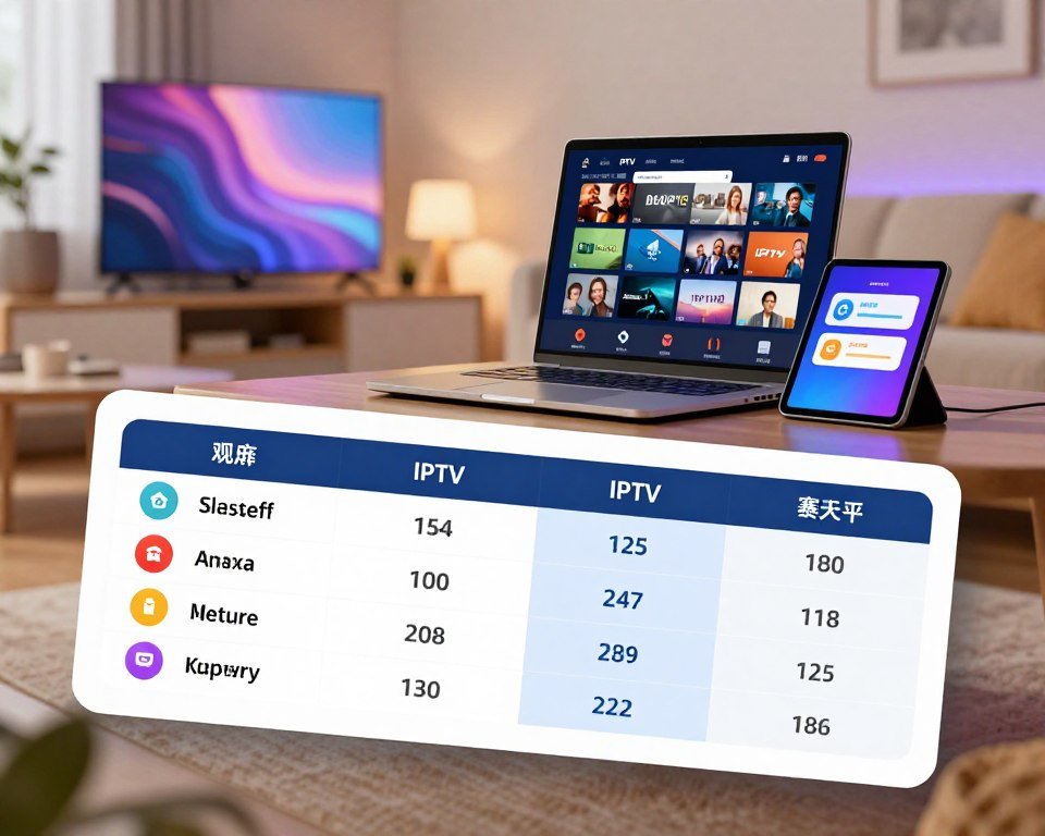 A visually engaging image depicting a comparative analysis of various IPTV subscription plans. In the foreground, elegantly designed digital comparison tables with vibrant icons representing different features like channel variety, pricing, and resolution. The middle ground features a sleek laptop displaying an IPTV interface alongside diverse devices such as a smart TV and tablet, highlighting the accessibility of options. The background should include a modern living room setting, emphasizing a cozy viewing atmosphere with ambient lighting that conveys comfort and relaxation. Use soft, inviting colors to create a professional yet approachable mood, and incorporate a slightly angled perspective to enhance depth. The lighting should be warm and inviting, evoking a sense of home entertainment enjoyment.
