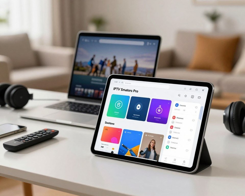 A visually engaging scene depicting the installation application interface of IPTV Smarters Pro on a sleek modern device. In the foreground, focus on a stylish tablet showcasing the application interface, complete with vibrant icons and an intuitive navigation menu. The middle ground features a desk with an elegant laptop, surrounded by various home entertainment gadgets like a remote control and headphones, hinting at a tech-savvy environment. In the background, a cozy living room setting with soft lighting creates a warm atmosphere, emphasizing a home viewing experience. Use a subtle bokeh effect to enhance depth, while maintaining a bright and inviting mood. The composition should be clean, without any text or distractions, highlighting the application as the central focus.