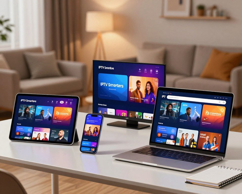 A visually striking comparison of IPTV Smarters Pro applications displayed on various digital devices such as a tablet, smartphone, and smart TV. The foreground features each device showcasing vibrant, user-friendly interfaces, with vivid colors and clear streaming content. In the middle ground, a well-organized workspace with a sleek desk adds context, complete with a laptop and scattered notepads. The background should be a softly blurred living room environment, with comfortable seating and ambient lighting that suggests a cozy atmosphere for entertainment. The lighting is warm and inviting, creating a professional yet relaxed mood. The overall composition highlights the functionality and user benefits of IPTV Smarters Pro, designed to captivate the viewer's interest without words or distractions.