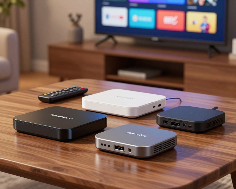 An illustrated comparison of several Android IPTV set-top boxes arranged neatly on a stylish wooden table. The foreground features three distinct devices: a sleek black box with rounded edges, a modern white box with a glossy finish, and a compact, rugged box with ventilation grilles. Each device should be angled to showcase ports and features, illuminated with soft, balanced lighting to emphasize details. In the midground, a remote control sits beside the boxes with subtle reflections on the table's surface. The background shows a cozy living room setting with a flat-screen TV displaying a colorful array of streaming apps, achieving a warm and inviting atmosphere, perfect for technology enthusiasts.